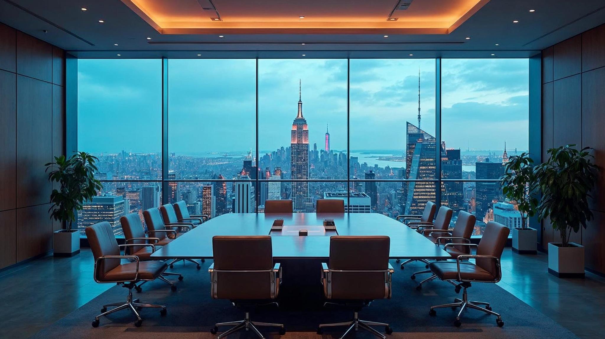 Executive boardroom with city skyline, symbolizing leadership and security
