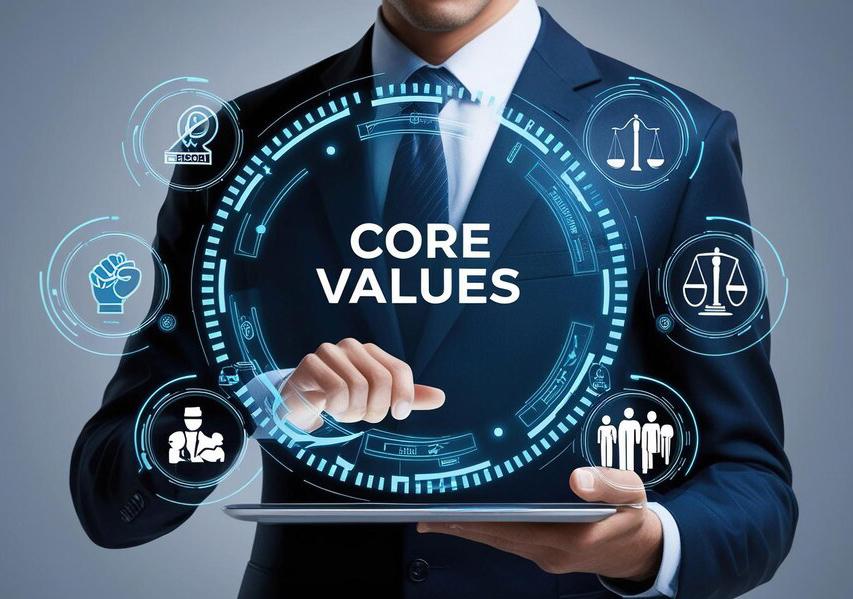 Business professional highlighting core values through digital interface.