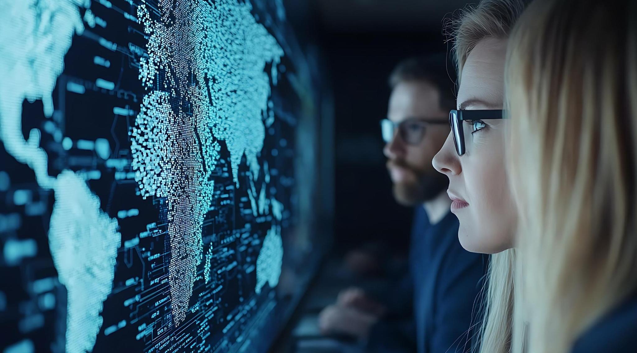Cybersecurity professionals analyzing global threat data on digital screens