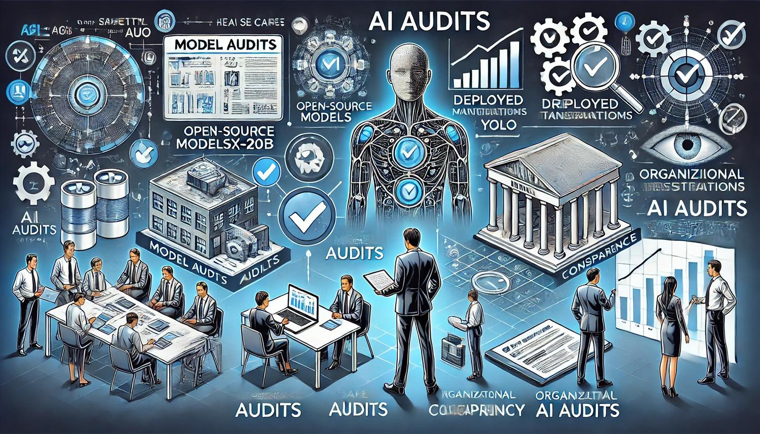 Illustration of AI audits covering model evaluations, transparency, compliance, and organizational oversight.