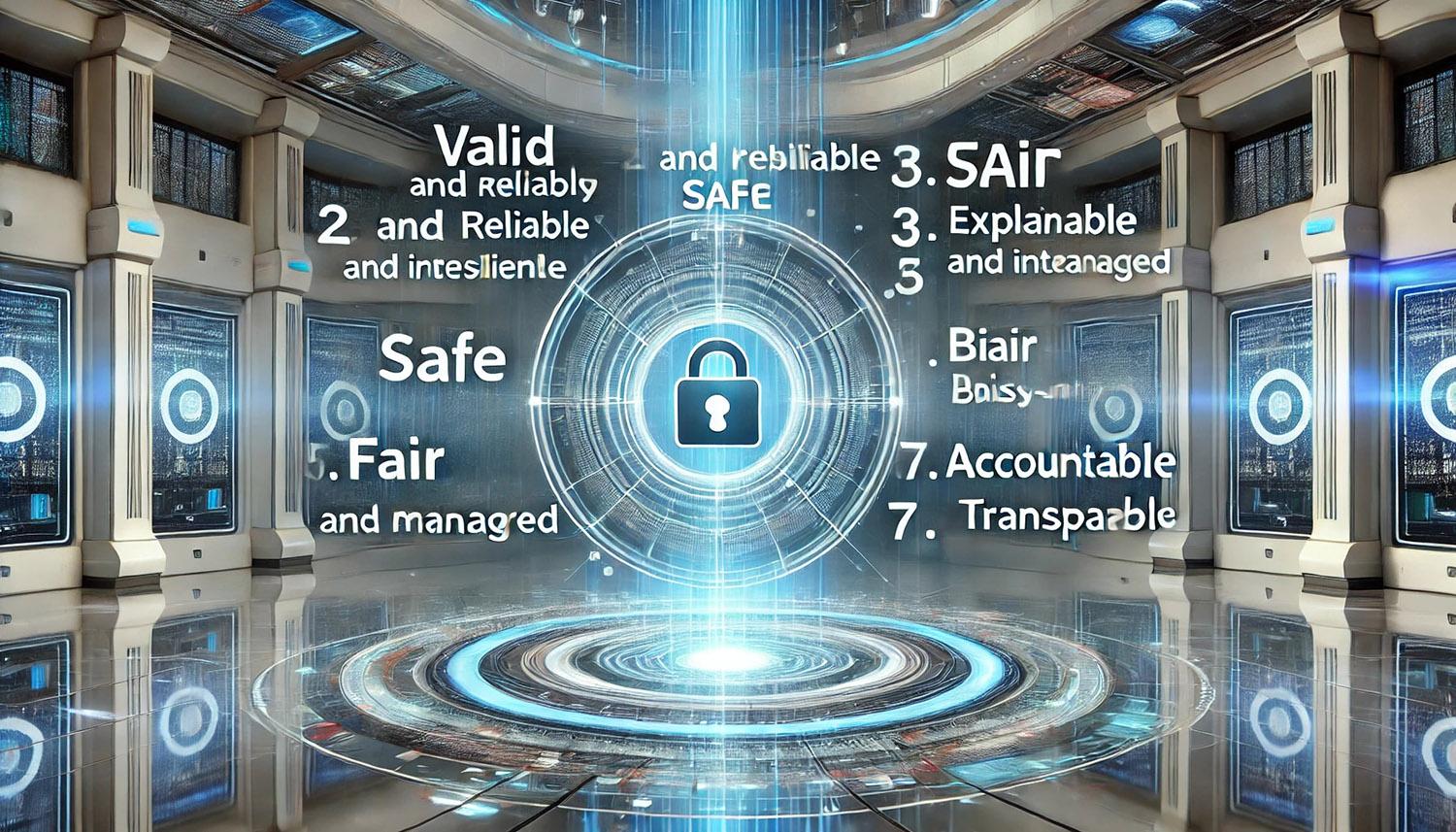 Futuristic AI system environment highlighting trust, safety, fairness, and accountability as core audit principles.