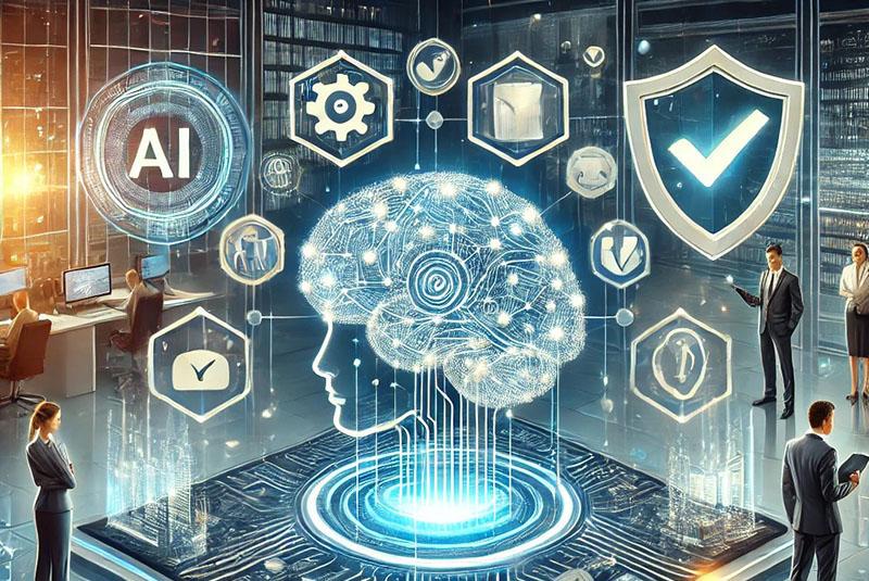 Digital brain with AI icons representing security, compliance, and system oversight.