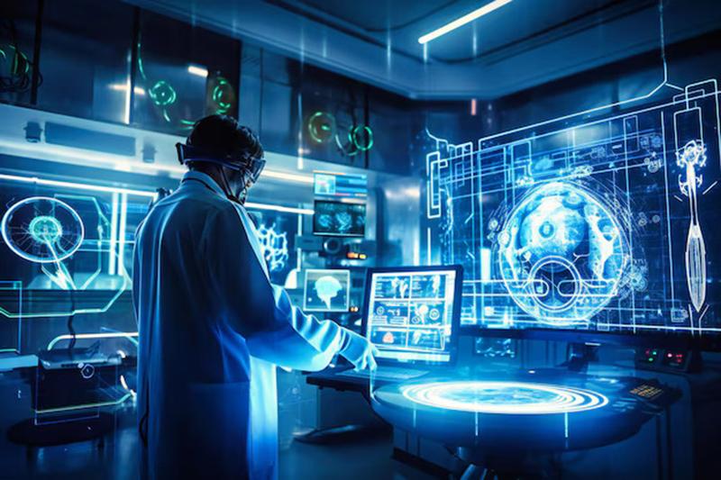 Scientist examining AI system data in a high-tech lab environment