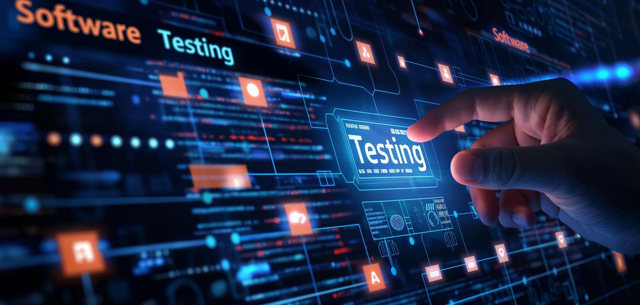 Hand interacting with digital interface for AI testing and system audits.