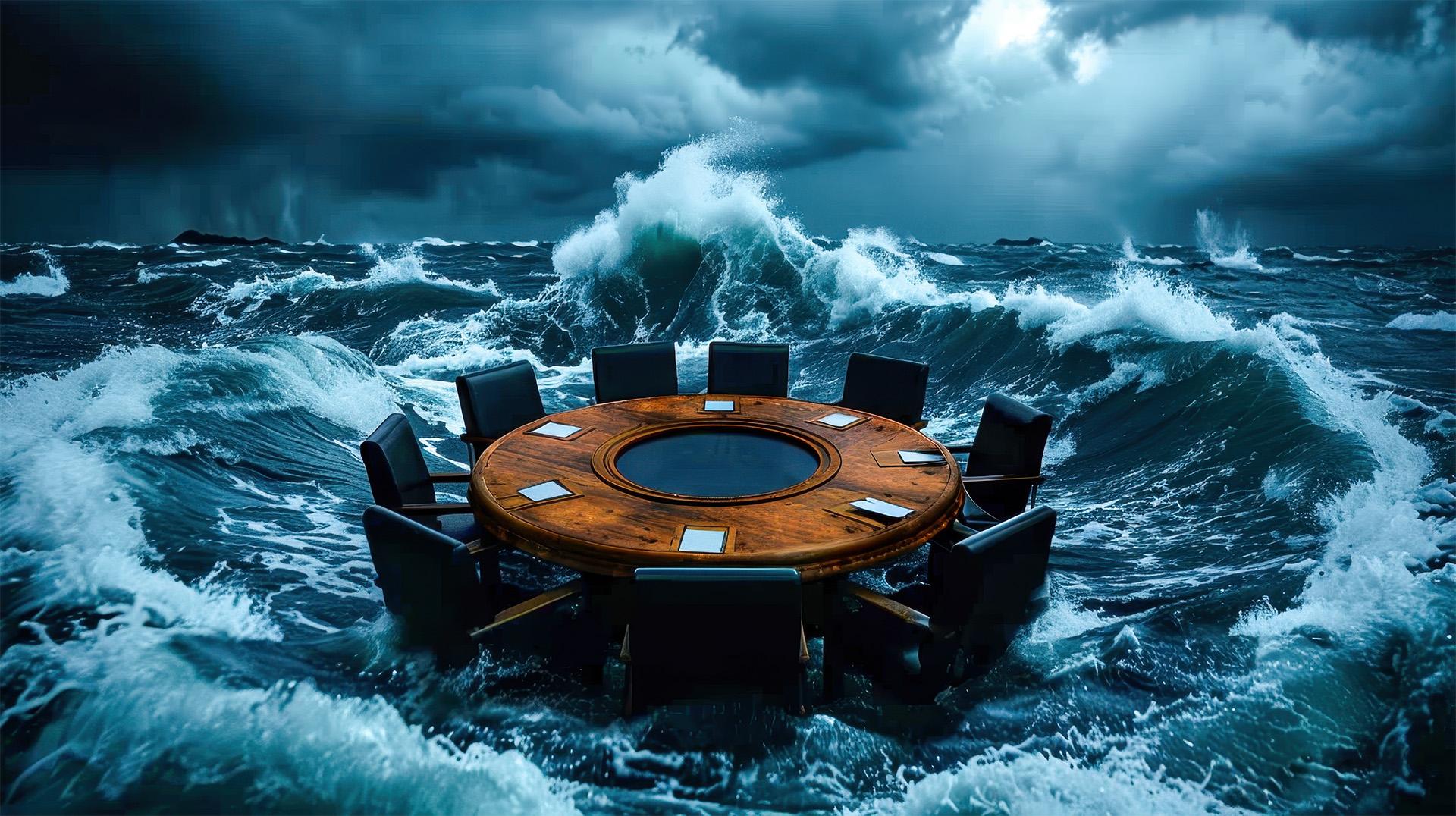 Executive boardroom table adrift in stormy ocean waves, symbolizing crisis leadership and strategic resilience