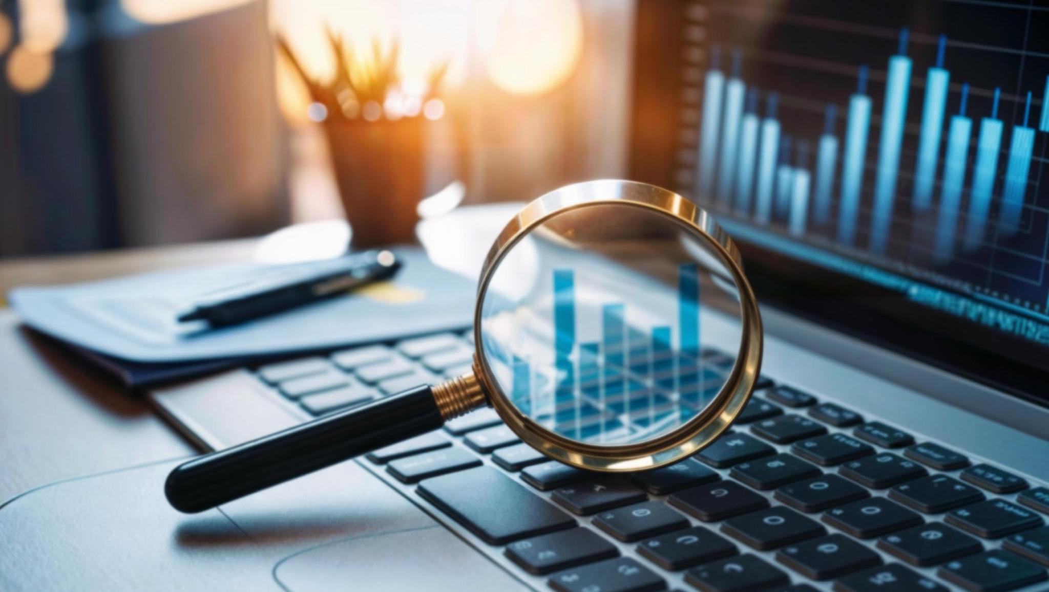 Magnifying glass on laptop keyboard highlighting digital bar graphs for data analysis.