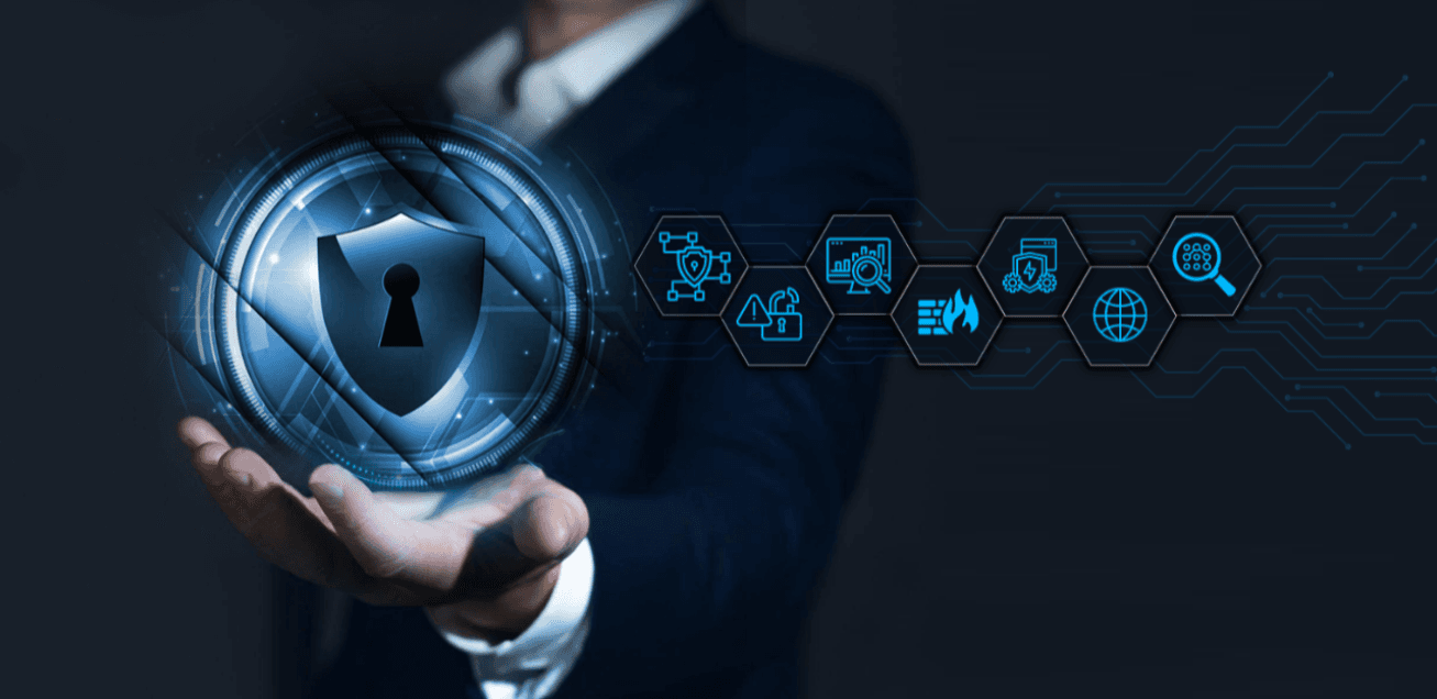 Cyber security shield icon with service icons in a digital interface.