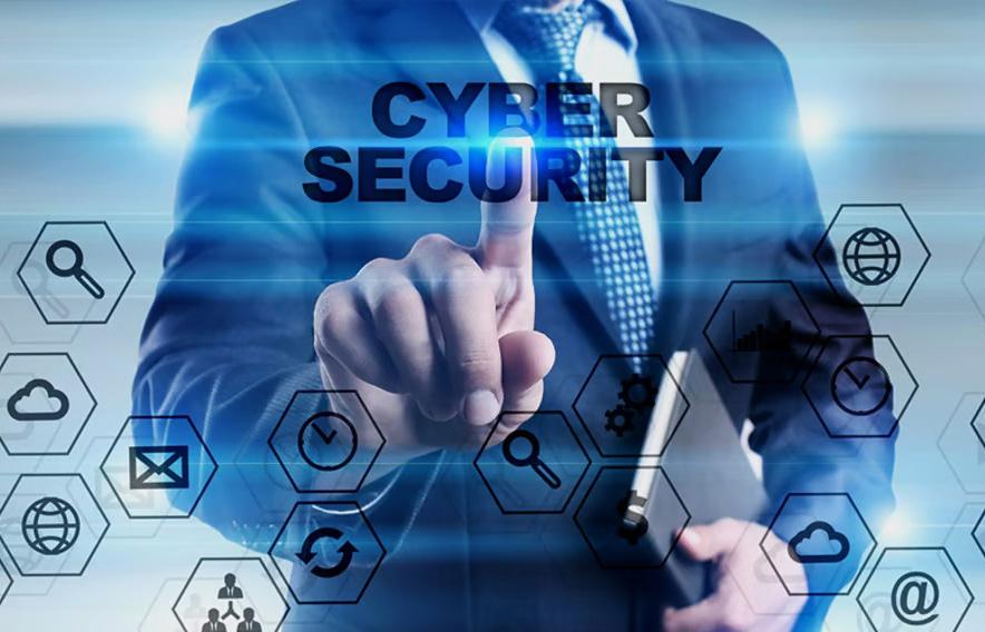 Businessman touching a digital interface labeled “Cyber Security” with technology icons.