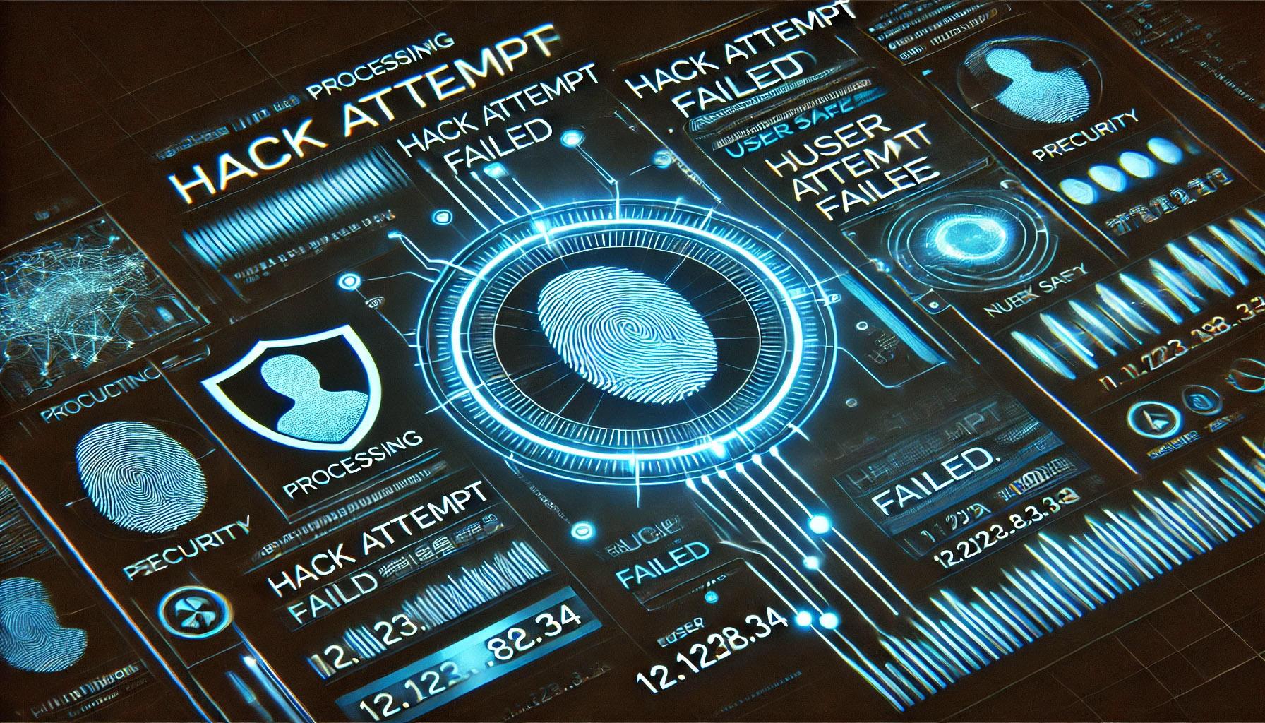 Digital interface showing fingerprint scan and failed hack attempt alerts.