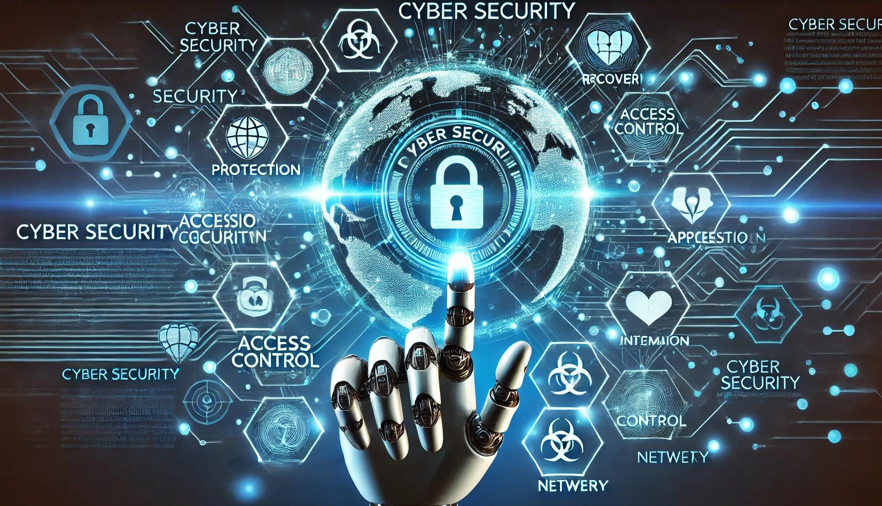 Robotic hand interacting with a digital cyber security interface.