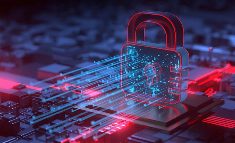 Digital padlock with data streams, representing cybersecurity protection.
