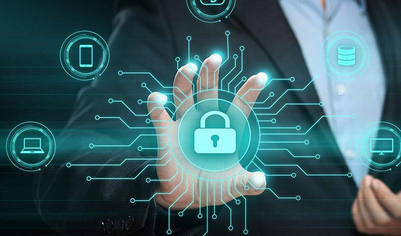 Cyber security lock icon with digital network overlay.