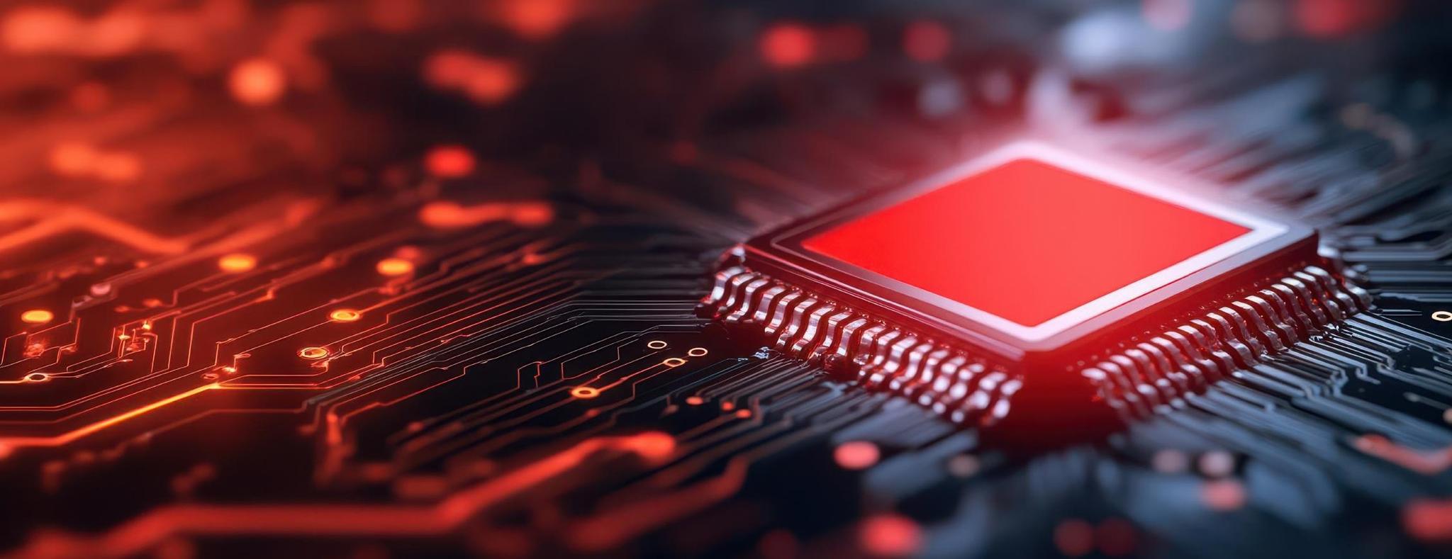 Microchip on a circuit board with red lighting, representing cybersecurity.