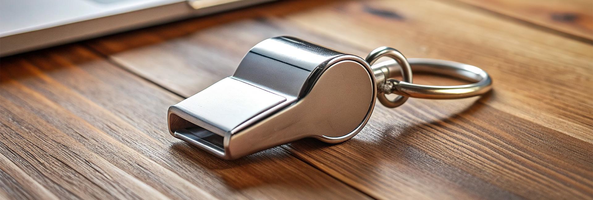 Whistle on wooden desk symbolizing anonymous ethics reporting.