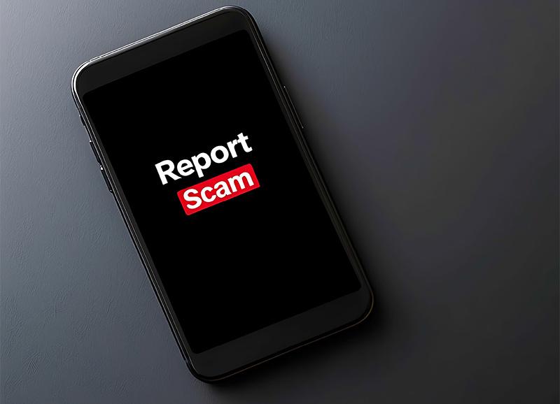 Smartphone screen with “Report Scam” message symbolizing whistleblower reporting.