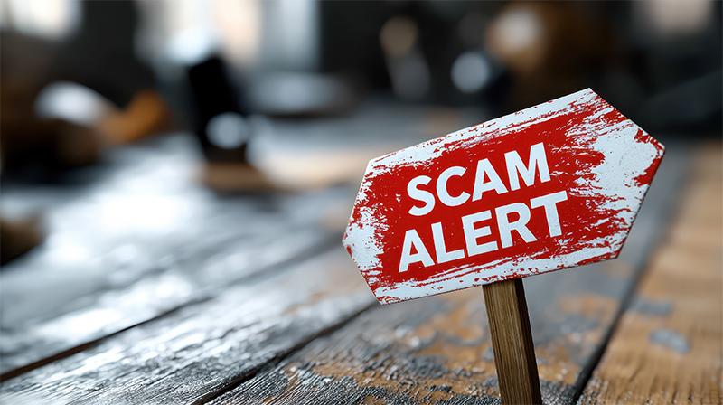 Red “Scam Alert” sign symbolizing ethical breach awareness and reporting.