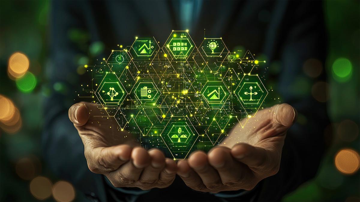 Hands holding digital green ESG icons symbolizing sustainability and governance data.
