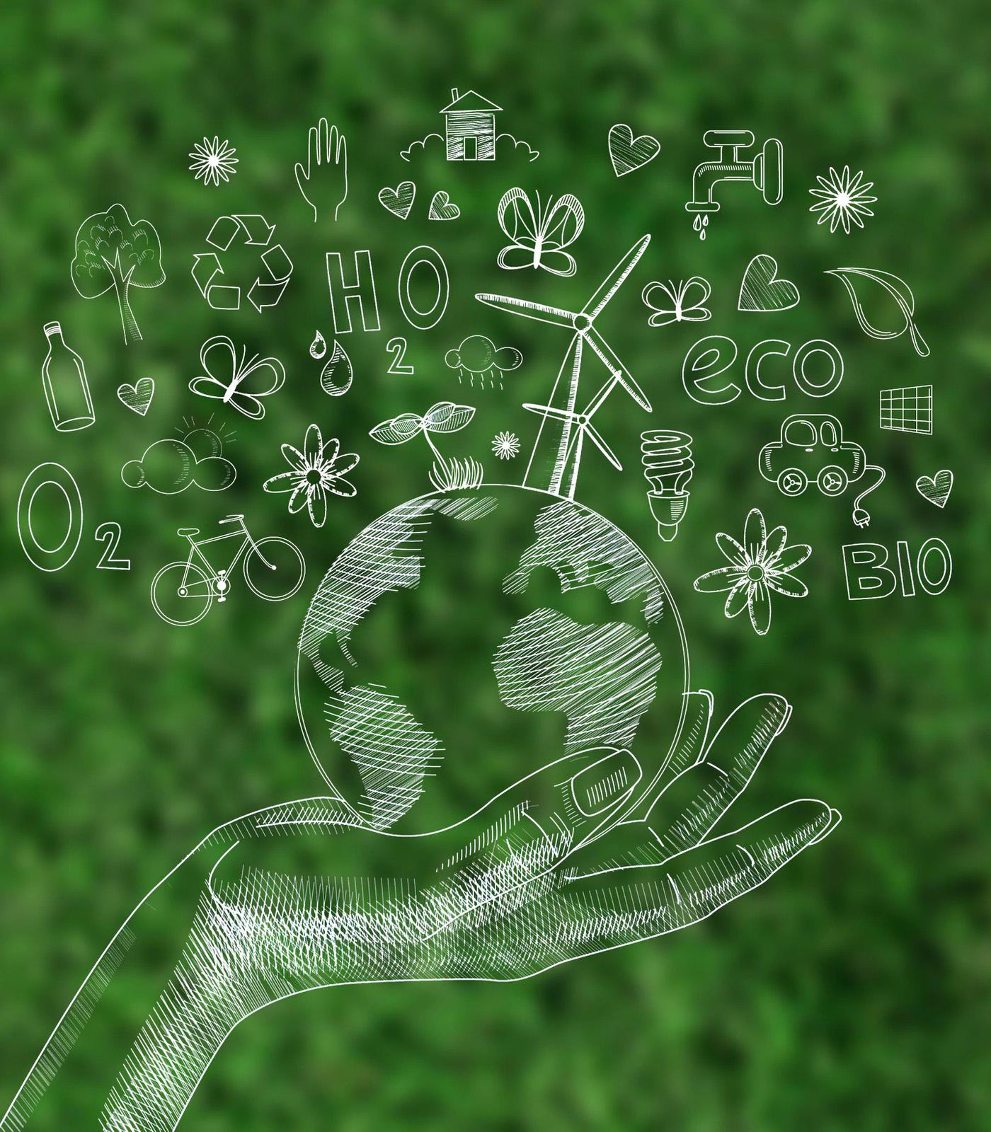 Hand holding Earth with eco-friendly icons representing sustainability, energy, and environmental care.