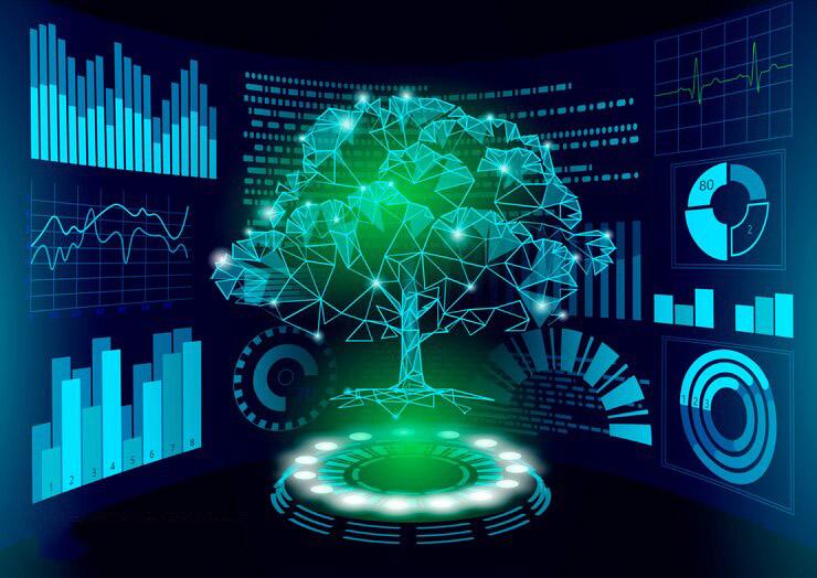 Digital tree with data analytics dashboards representing ESG performance metrics.
