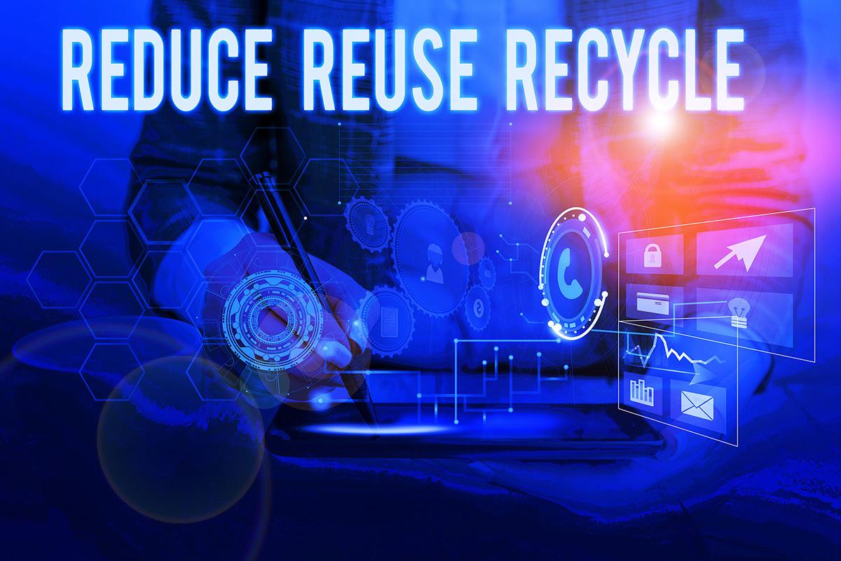 Digital interface showing “Reduce Reuse Recycle” with sustainability-themed icons.