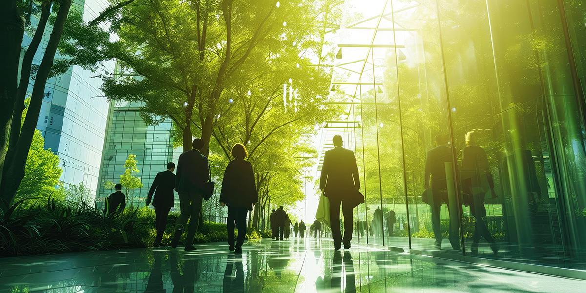 Professionals walking through a green, eco-conscious business space symbolizing ESG goals.