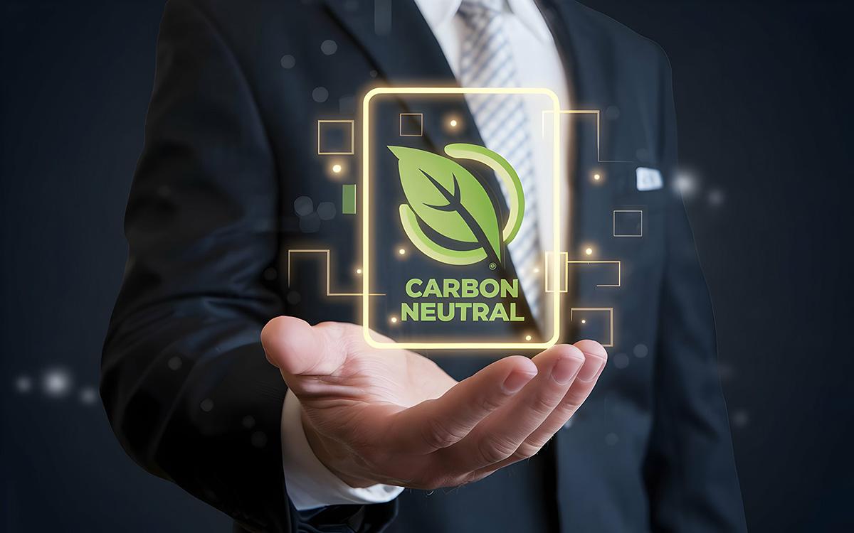 Businessperson presenting a glowing carbon neutral icon, symbolizing ESG and climate responsibility.