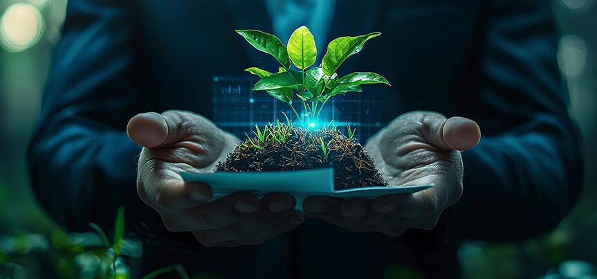 Hands holding a digital plant sprouting from soil, symbolizing ESG and sustainable growth.